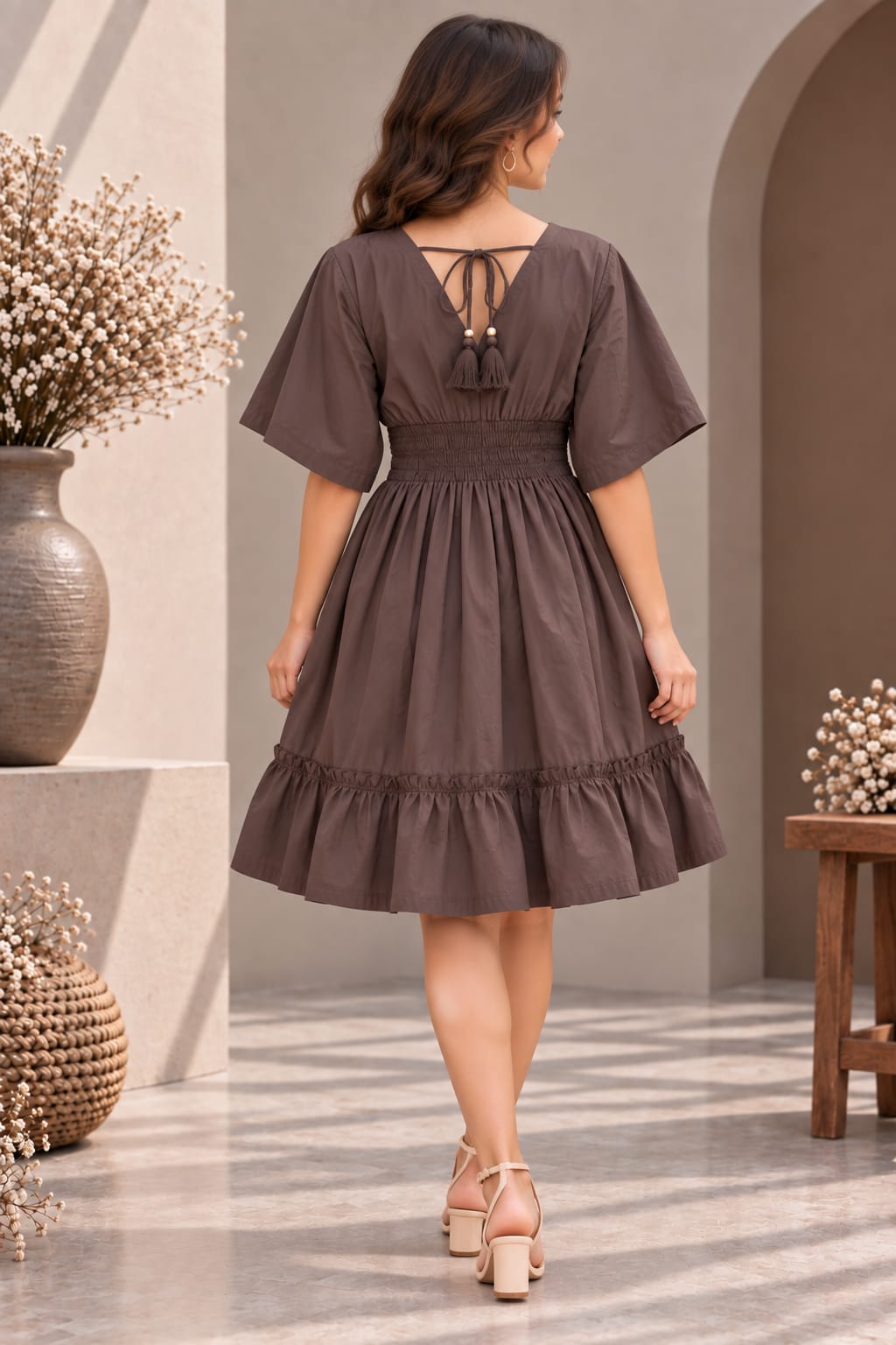 Mocha Brown Smocked Ruffle Kaftan Dress