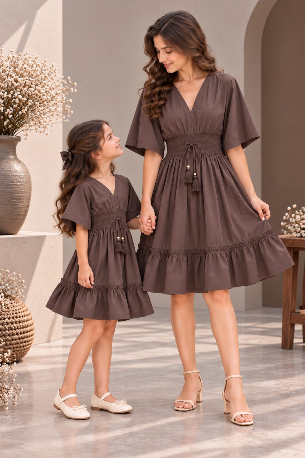 Mom & Daughter Mocha Brown Solid Cotton V-Neck Smocked Waist Flared Dress