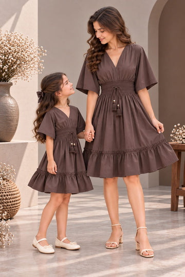 Mom & Daughter Mocha Brown Solid Cotton V-Neck Smocked Waist Flared Dress
