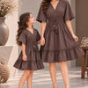 Mom & Daughter Mocha Brown Solid Cotton V-Neck Smocked Waist Flared Dress