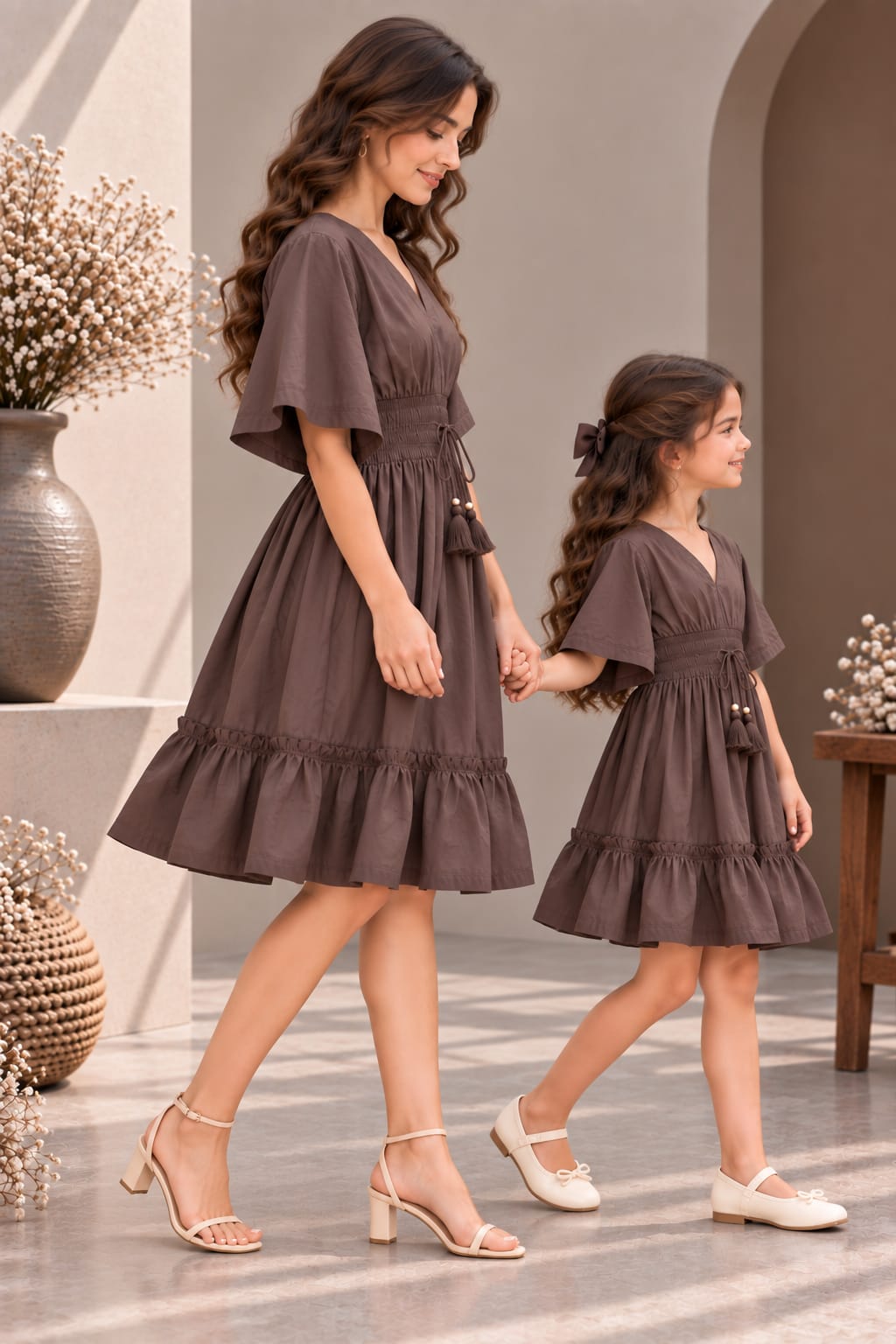 Mom & Daughter Mocha Brown Solid Cotton V-Neck Smocked Waist Flared Dress