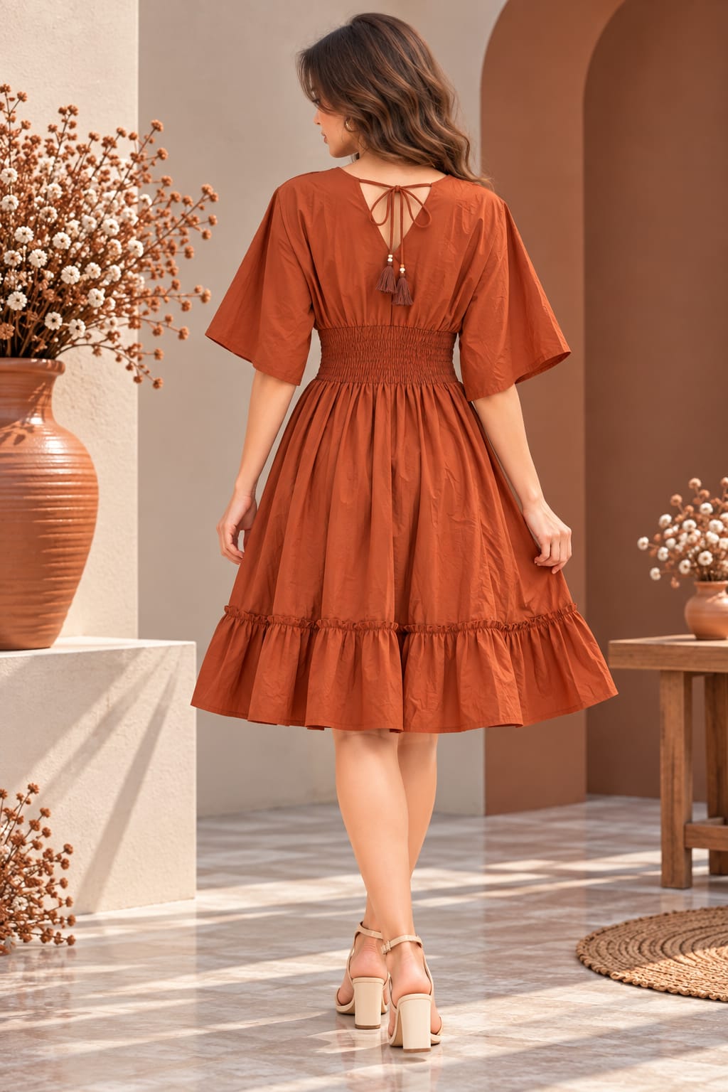 Terracotta Rust Smocked Ruffle Kaftan Dress