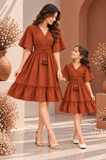 Mom & Daughter Rust Orange Solid Cotton V-Neck Smocked Waist Flared Dress