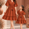 Mom & Daughter Rust Orange Solid Cotton V-Neck Smocked Waist Flared Dress
