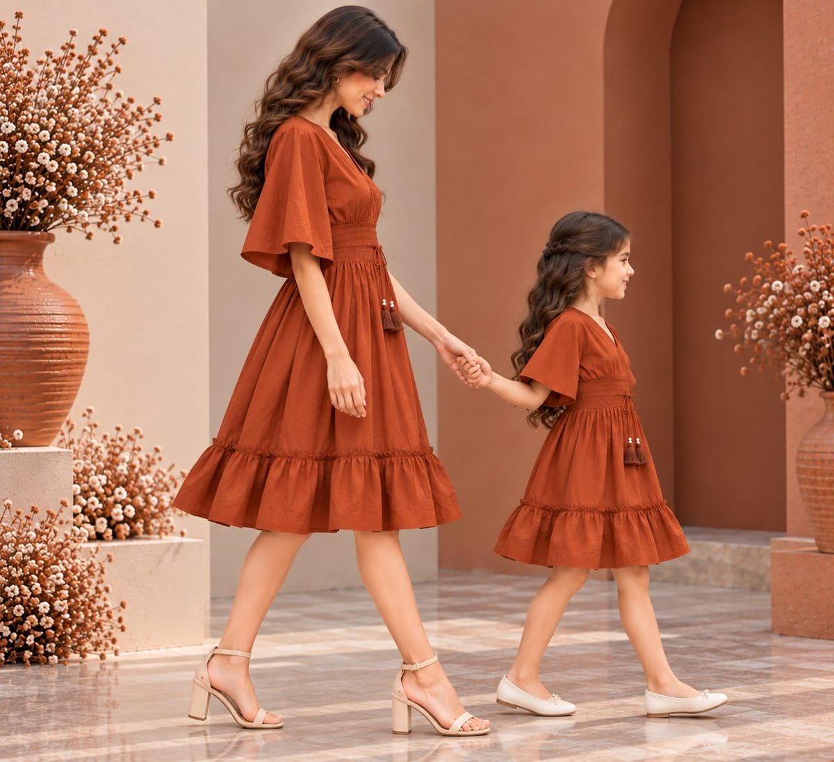 Mom & Daughter Rust Orange Solid Cotton V-Neck Smocked Waist Flared Dress