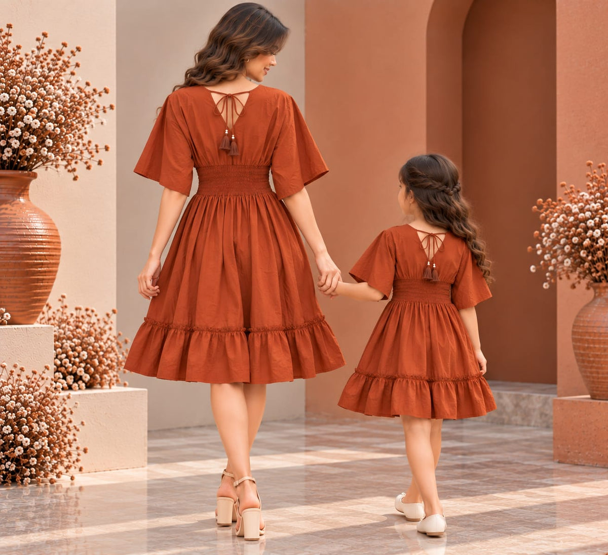 Mom & Daughter Rust Orange Solid Cotton V-Neck Smocked Waist Flared Dress