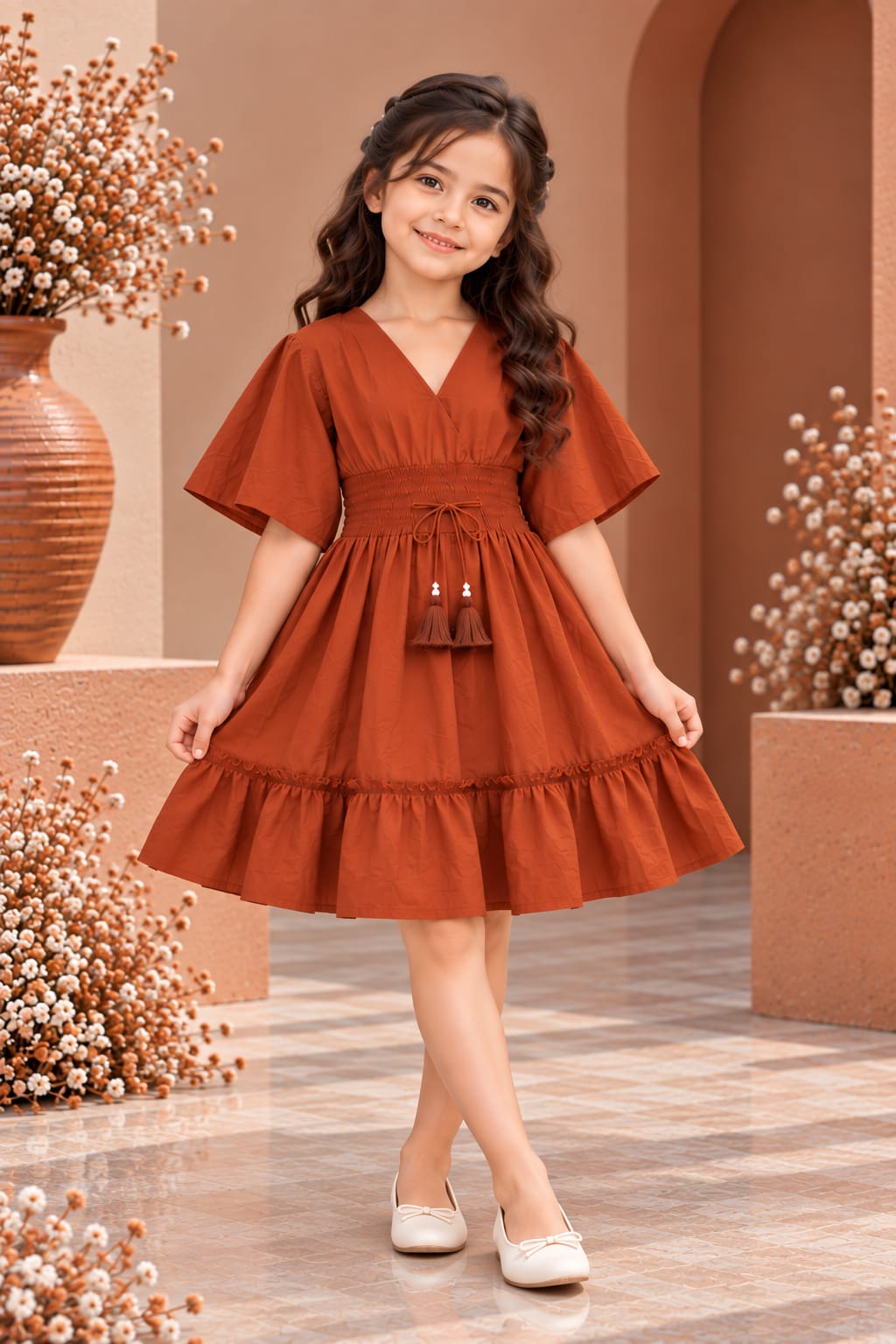 Girl's Terracotta Rust Smocked Ruffle Kaftan Dress