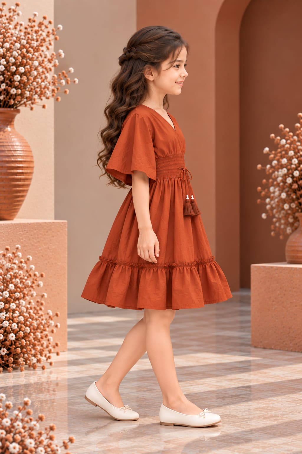 Girl's Terracotta Rust Smocked Ruffle Kaftan Dress
