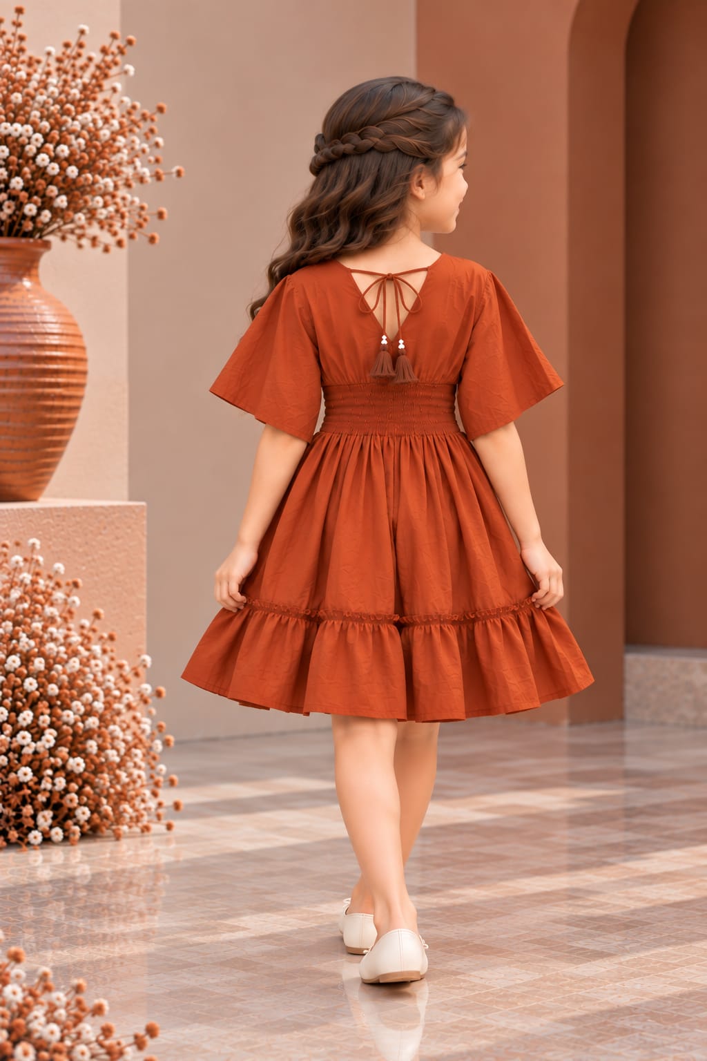 Girl's Terracotta Rust Smocked Ruffle Kaftan Dress