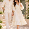 Couple’s Ivory White Shirt & V-Neck Smocked Flared Dress – Elegant Matching Couple Outfit Set