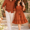 Couple’s Rust Orange Casual Shirt & V-Neck Smocked Flared Dress – Matching Couple Outfit Set