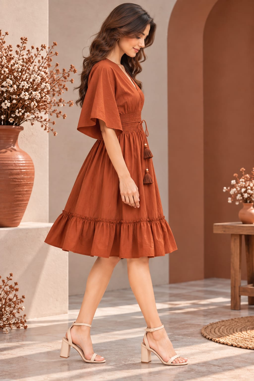Terracotta Rust Smocked Ruffle Kaftan Dress