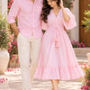 Couple’s Blush Pink Shirt & Smocked Flared Dress – Elegant Matching Outfit Set