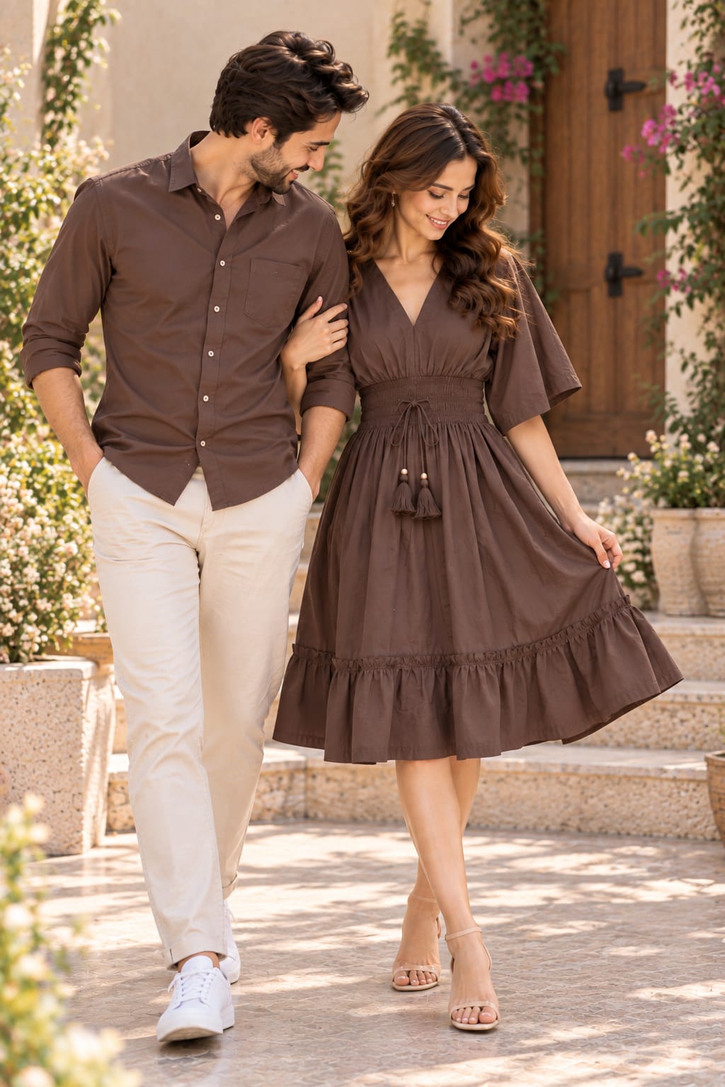 Couple’s Chocolate Brown Shirt & Smocked Waist Flared Dress – Elegant Matching Couple Outfit Set