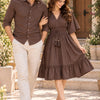 Couple’s Chocolate Brown Shirt & Smocked Waist Flared Dress – Elegant Matching Couple Outfit Set
