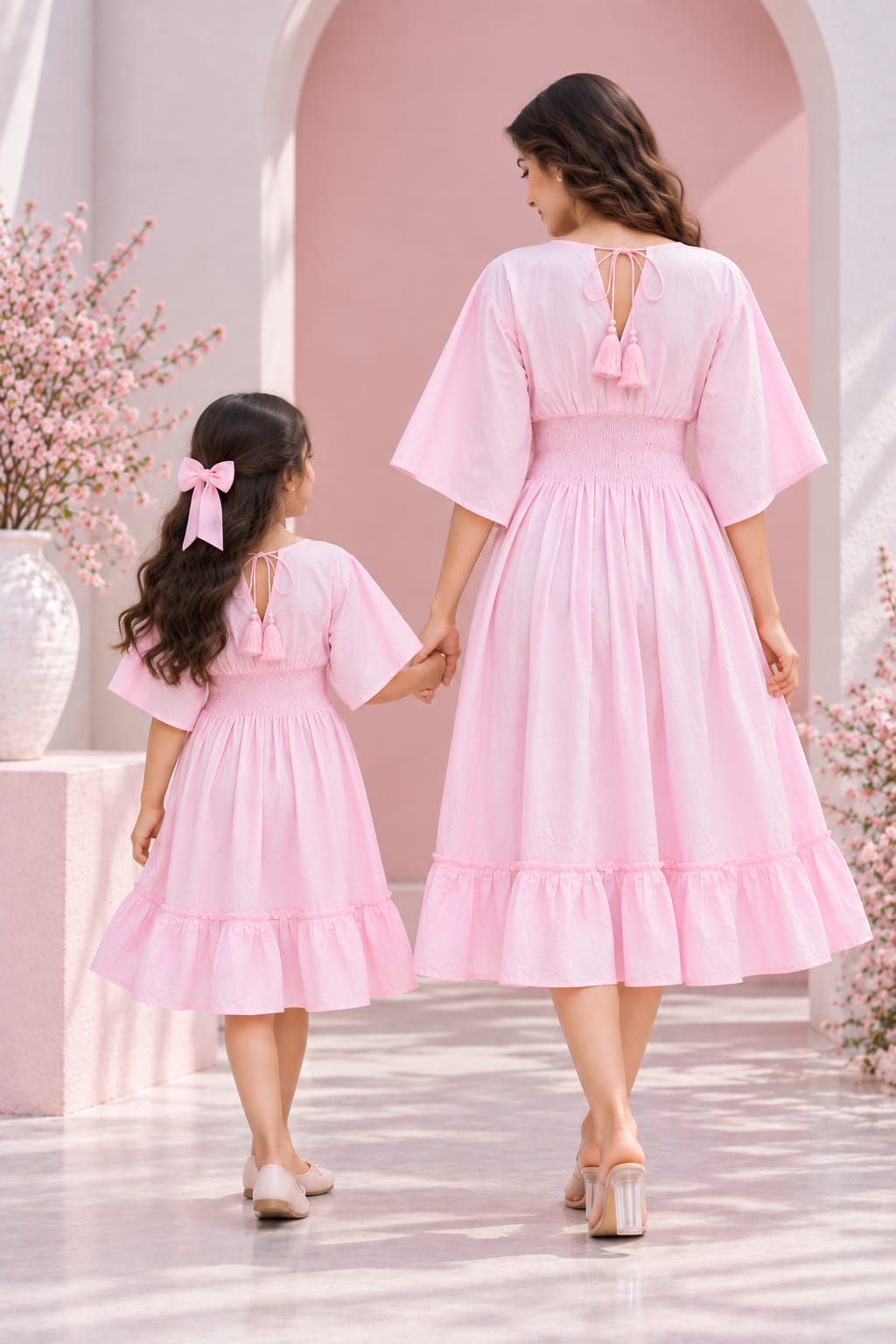 Mom & Daughter Pink Solid Cotton V-Neck Smocked Waist Flared Dress