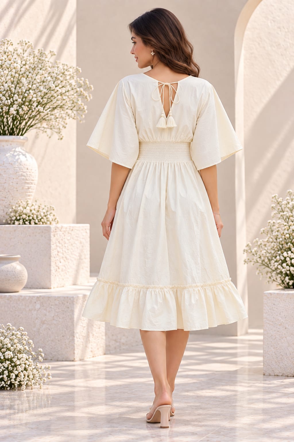Ivory Pearl Smocked Ruffle Kaftan Dress