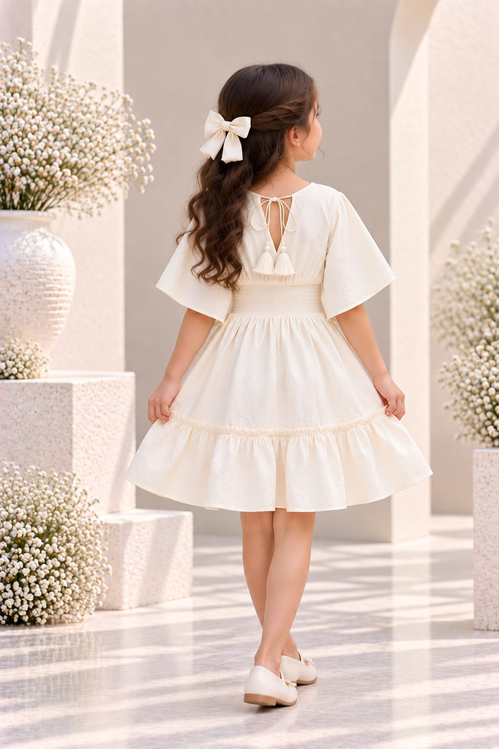 Girl's Ivory Pearl Smocked Ruffle Kaftan Dress