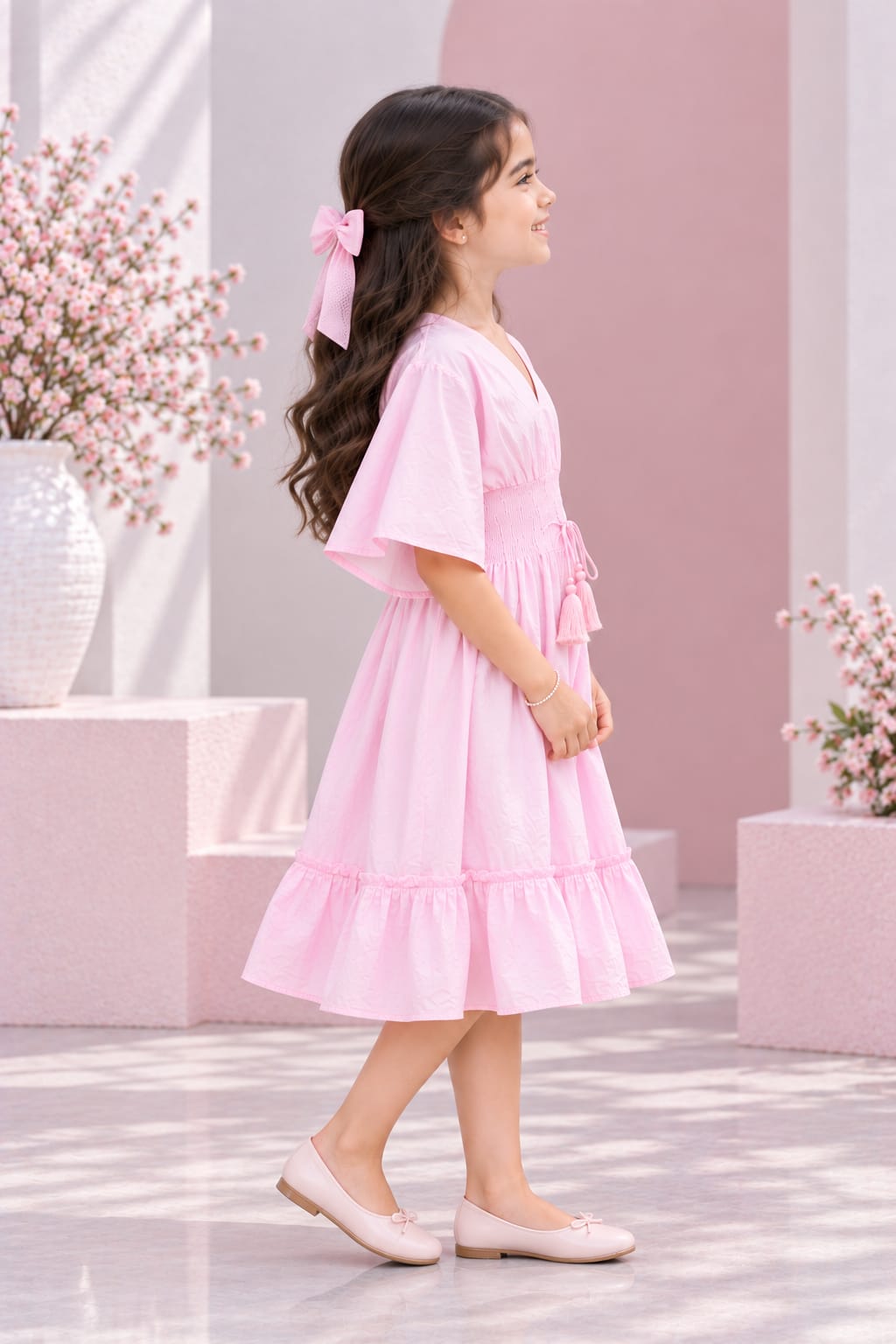 Girl's Blush Pink Smocked Ruffle Kaftan Dress