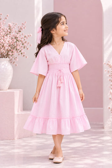 Girl's Blush Pink Smocked Ruffle Kaftan Dress