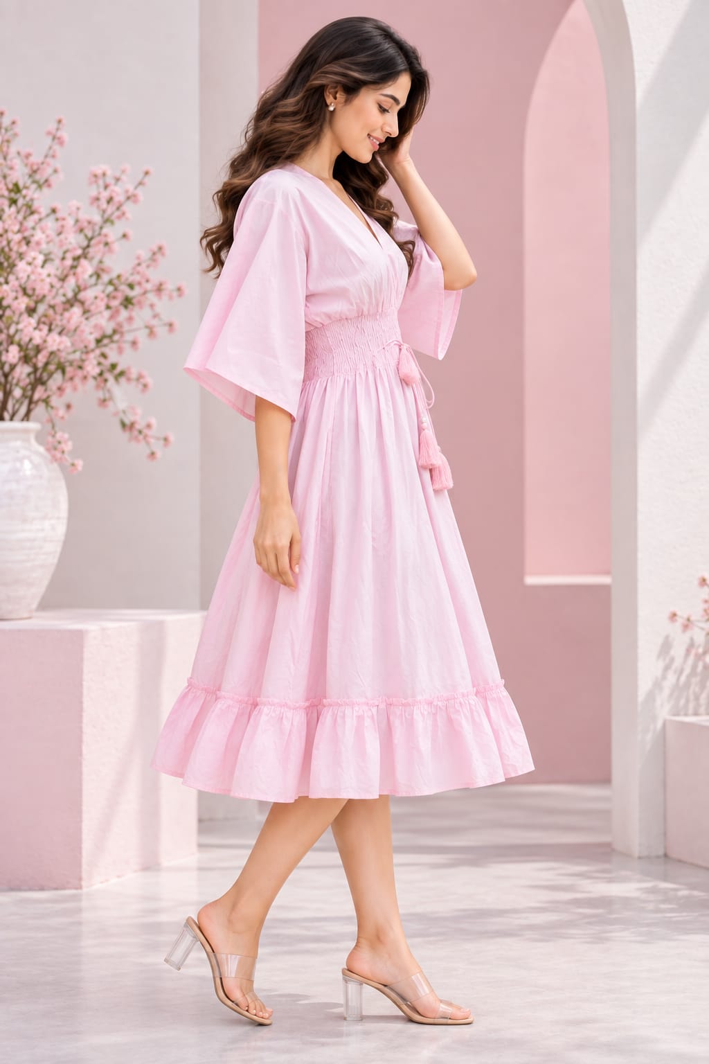 Blush Pink Smocked Ruffle Kaftan Dress