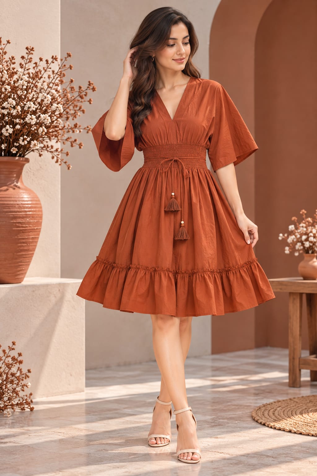Terracotta Rust Smocked Ruffle Kaftan Dress
