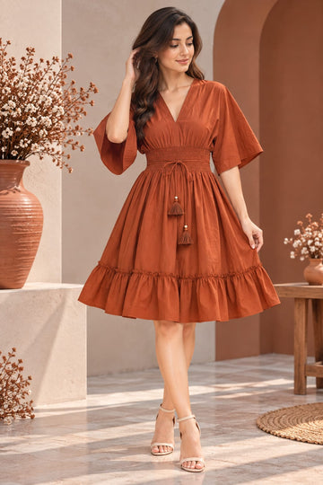 Terracotta Rust Smocked Ruffle Kaftan Dress