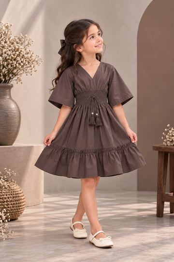 Girl's Mocha Brown Smocked Ruffle Kaftan Dress