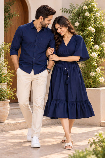 Couple's Navy Blue Solid Cotton Kaftan Dress & Casual Shirt – Matching Couple Outfit Set