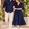 Couple's Navy Blue Solid Cotton Kaftan Dress & Casual Shirt – Matching Couple Outfit Set