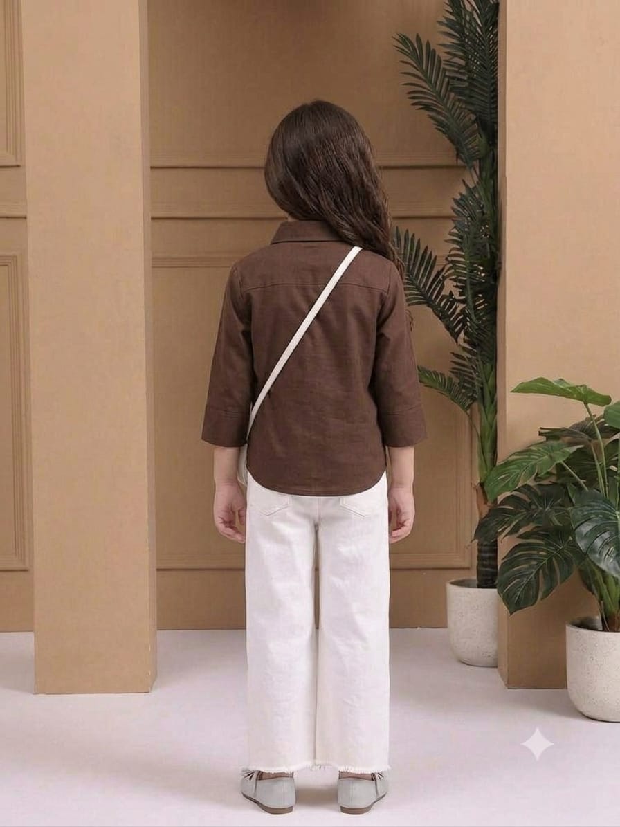 Girl's Brown Solid Cotton Shirt