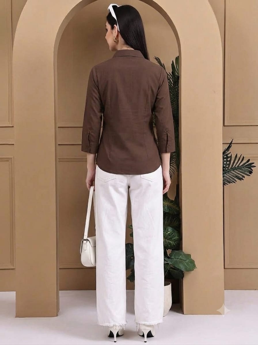 Women Mocha Brown Classic Button-Down Shirt