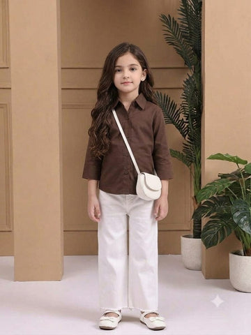 Girl's Brown Solid Cotton Shirt
