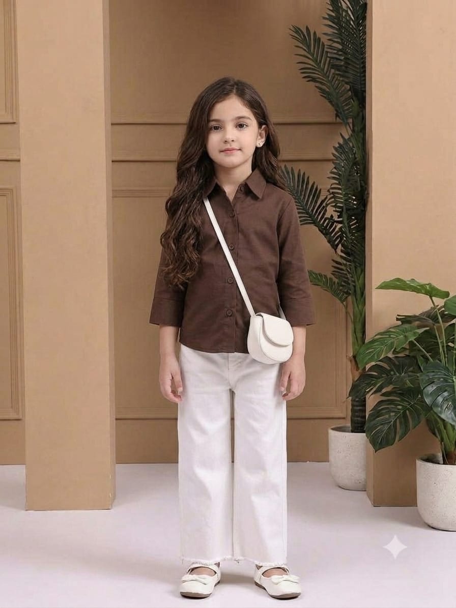 Girl's Brown Solid Cotton Shirt
