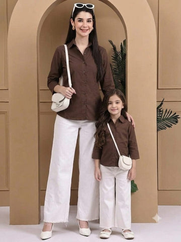 Mom & Daughter Outfit Brown Solid Cotton Shirt