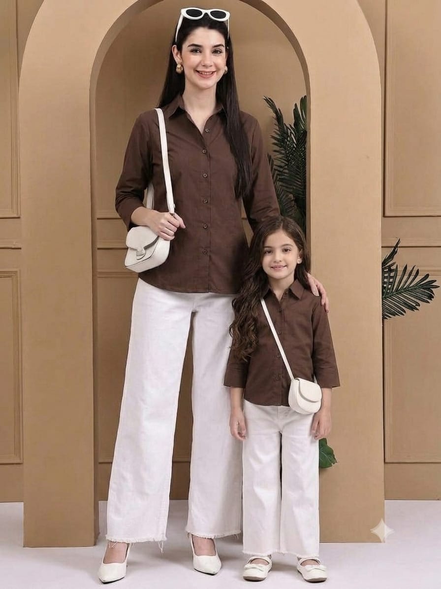 Mom & Daughter Outfit Brown Solid Cotton Shirt