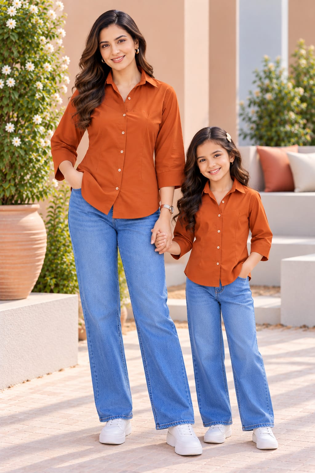 Mom & Daughter Outfit Rust Orange Solid Cotton Shirt