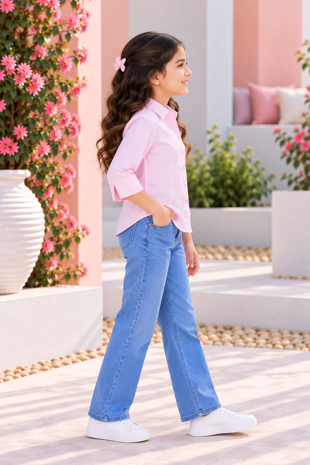 Girl's Pink Solid Cotton Shirt