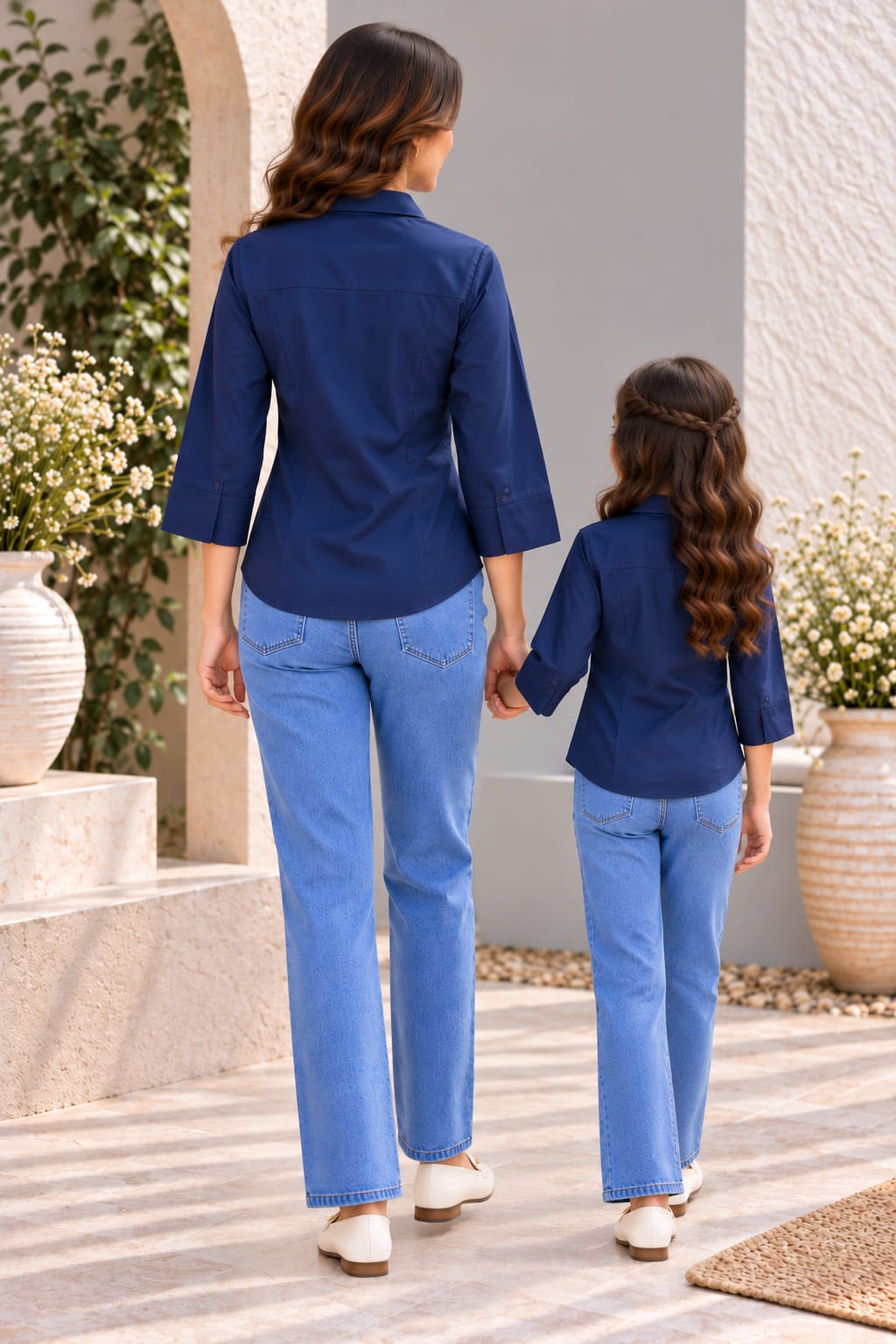 Mom & Daughter Outfit Navy Blue Solid Cotton Shirt