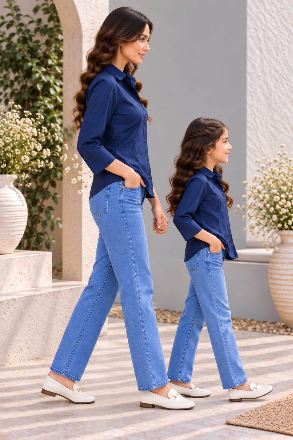 Mom & Daughter Outfit Navy Blue Solid Cotton Shirt