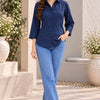 Women Navy Blue Solid Cotton Button-Down Shirt