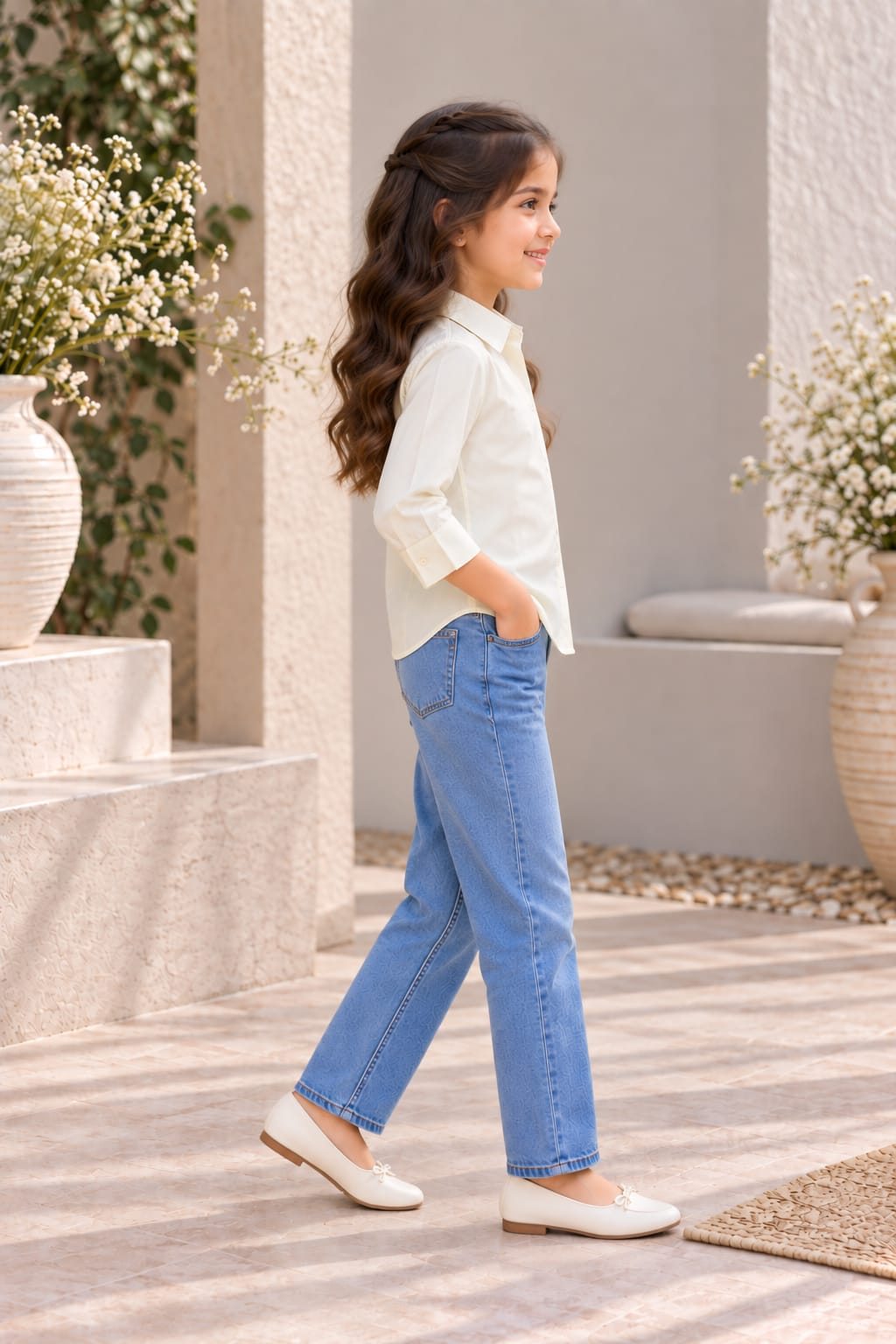Girl's Ivory White Solid Cotton Shirt