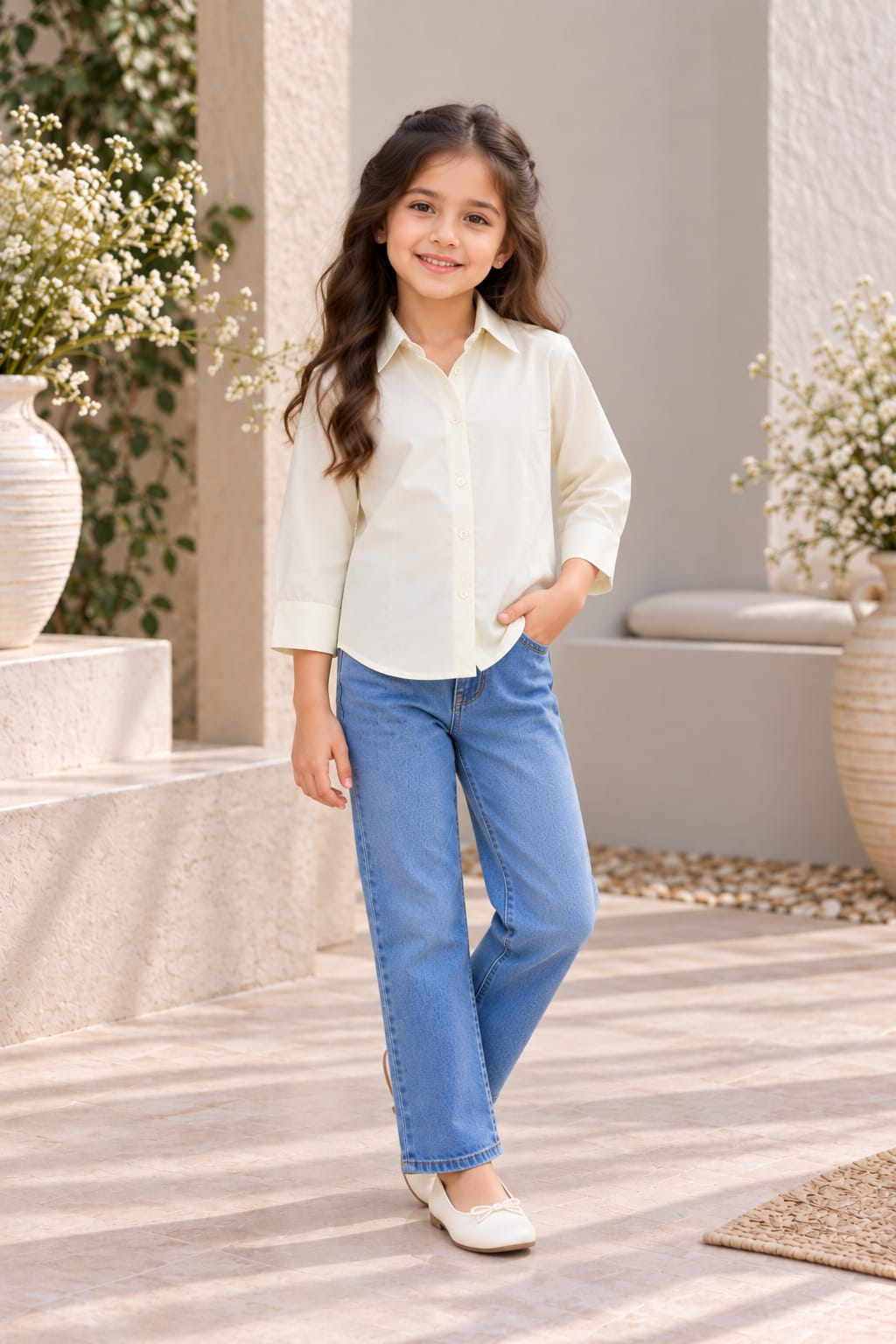 Girl's Ivory White Solid Cotton Shirt