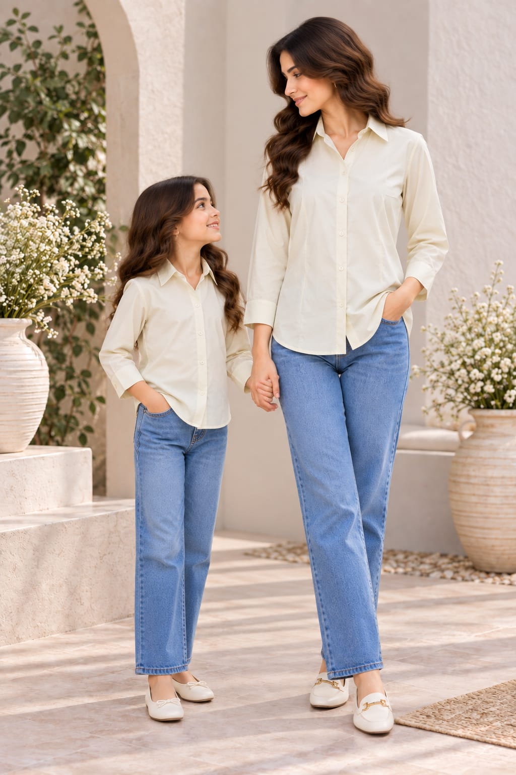 Mom & Daughter Outfit Ivory Solid Cotton Shirt