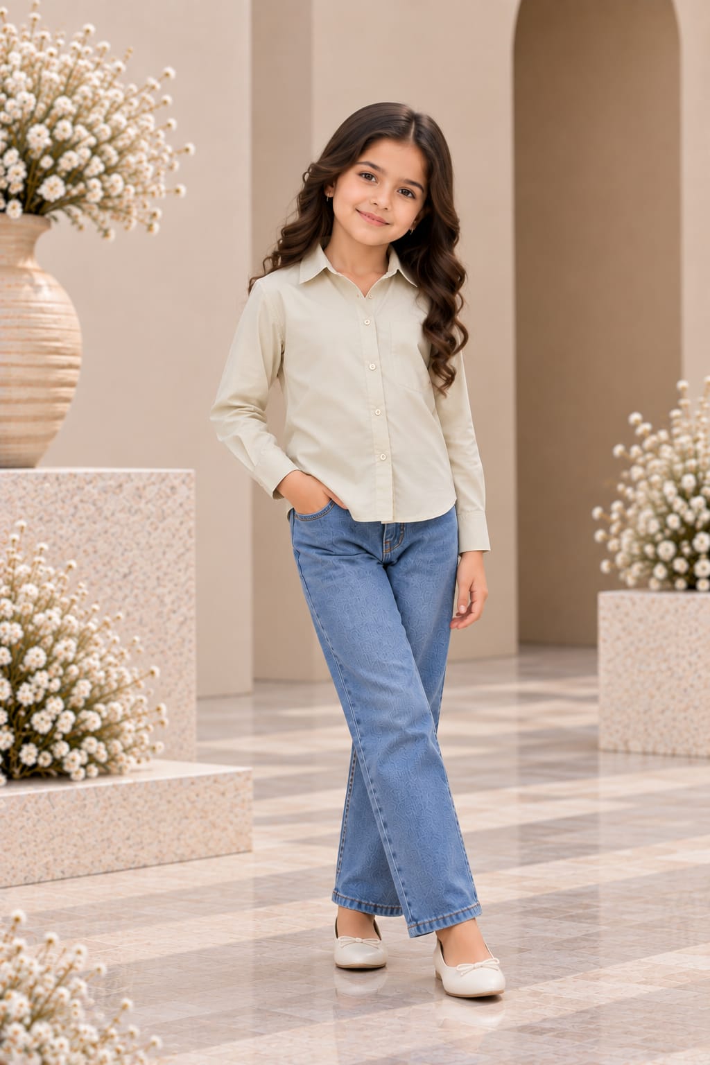Girl's Beige White Solid Cotton Shirt