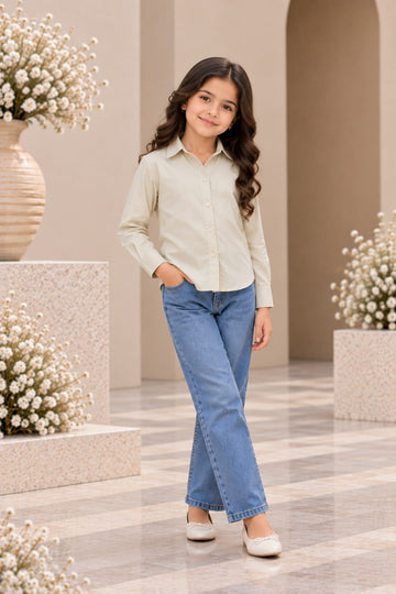 Girl's Beige White Solid Cotton Shirt