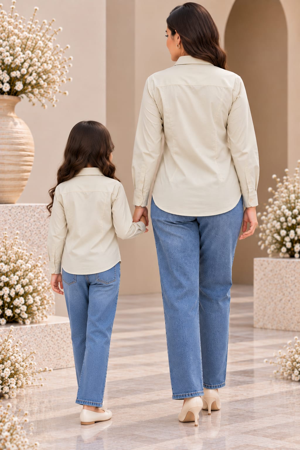 Mom & Daughter Outfit Beige Solid Cotton Shirt