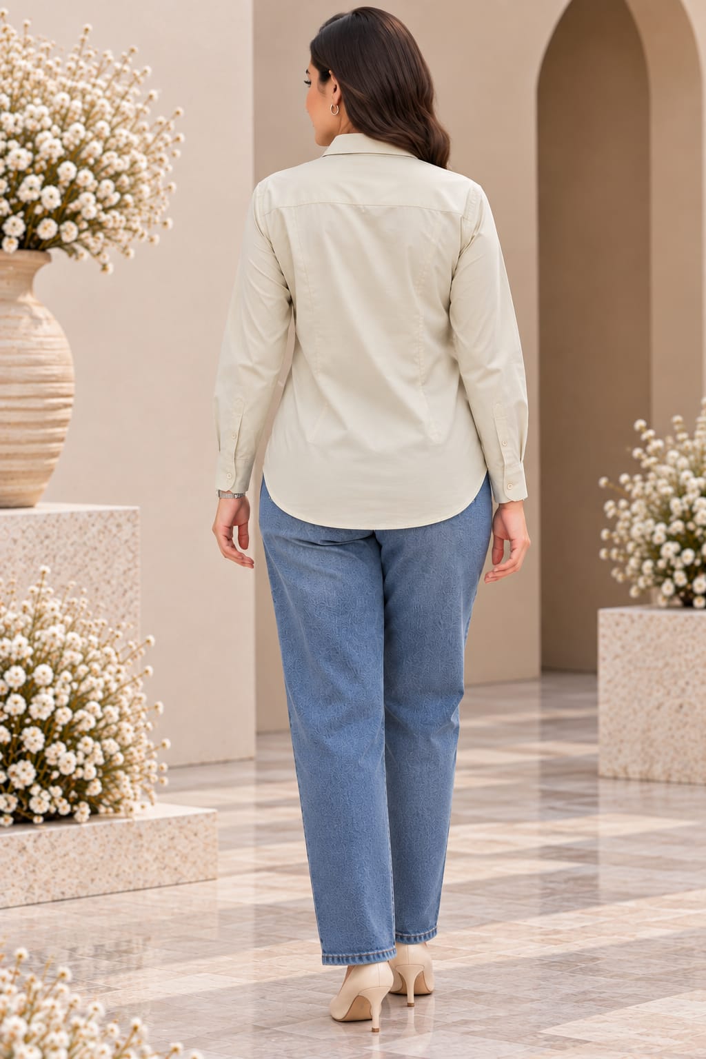 Women Beige Solid Cotton Button-Down Shirt
