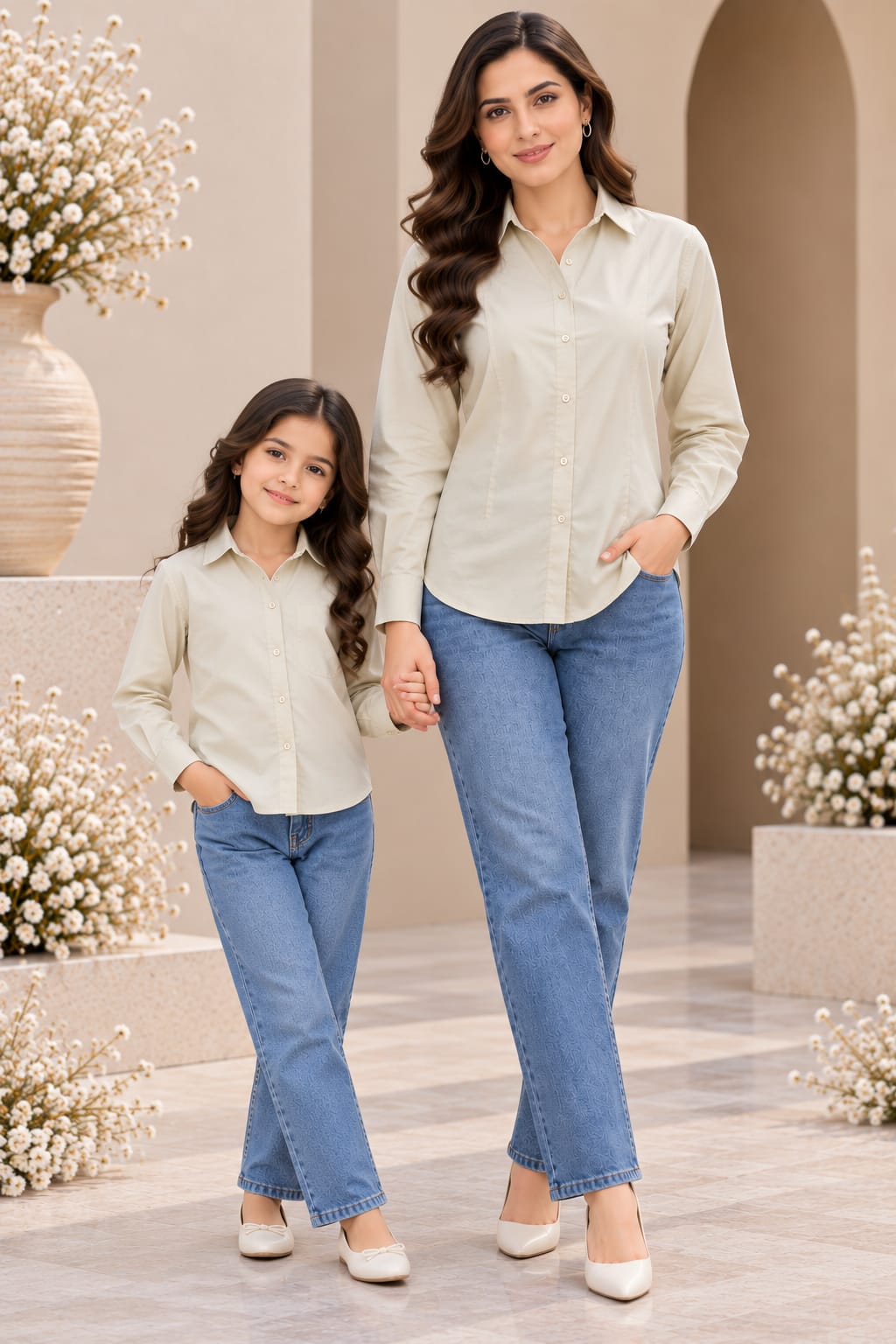 Mom & Daughter Outfit Beige Solid Cotton Shirt