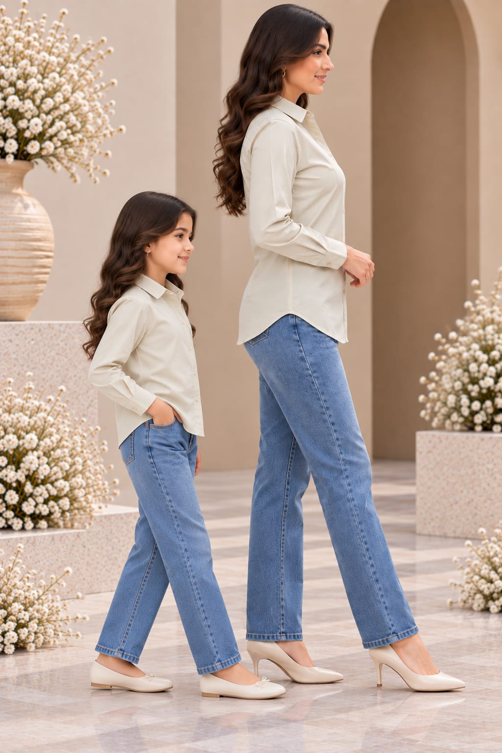Mom & Daughter Outfit Beige Solid Cotton Shirt